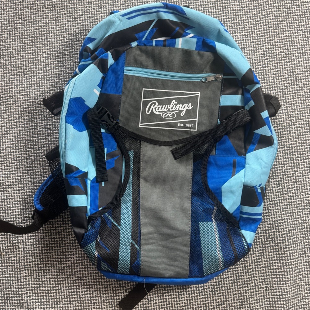 Rawlings Kids Baseball Backpack Blue Black Camo Geometric Sports Bag 16in